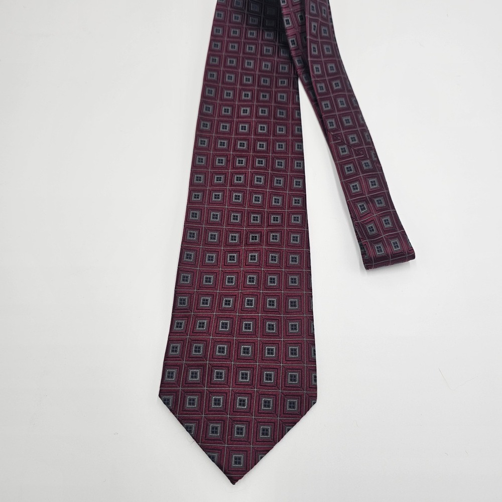 Courage Hand Sewn Silk Tie Burgundy Red Gray Geometric Square Pattern Classic...